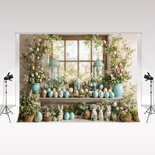 Kate Spring Osterhase Fotohintergründe 3 x 2 m/10 x 6,5 ft Osterei Blumen Grüne Pflanzen Fenster Kindergeburtstags-Dekorativer Hintergrund Foto Zone