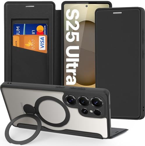 DUX DUCIS für Samsung Galaxy S25 Ultra Hülle mit Ständer, Kompatibel mit MagSafe, [RFID-Blockierung] [Kartenfach] Stoßfestes PU Leder Magnetische Transparente Klapphülle, Schwarz