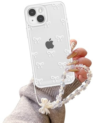 EYZUTAK Case for iPhone 14, Clear Cute Ribbon Bowknot Aesthetic Phone Case with Charm Bracelet Chain Raised Camera Protection Stylish Soft Durable TPU Protective Cover for Women Girls - White