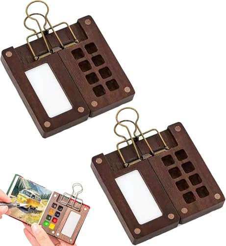 2 Pcs Mini Portable Wooden Watercolor Palette,8 Grids Magnetic Palette Box Case for Watercolor, Gouache, Acrylic Painting Paint Saver (Walnut Wood)