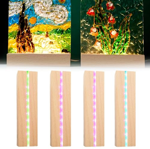 WIYETY 4 piezas Base de pantalla LED con iluminación USB de madera, soporte para iluminación LED de escritorio, base de pantalla con interruptor USB para placas acrílicas DIY, para vidrio lechoso