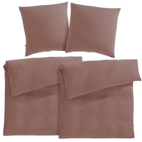 Pure Label Musselin Bettwäsche 155x220 4 teilig bestehend aus Bettbezug 155 x 220 cm 2er Set + Kissenbezug 80x80 cm 2er Set aus Baumwolle - Traumhaft kuschelige Bettwäsche-Sets in braun