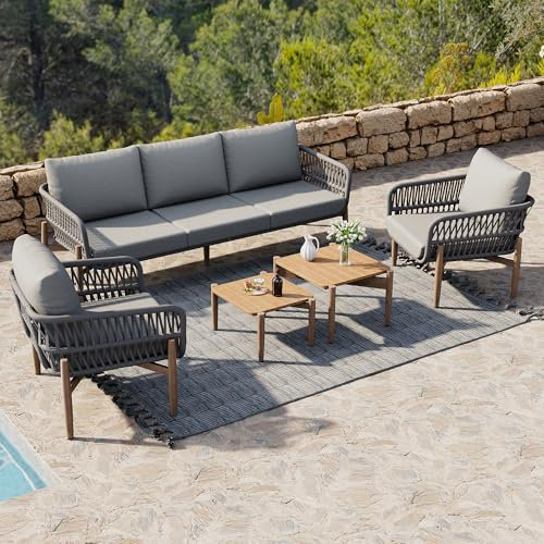 Dolamaní Lounge möbel 0utdoor Set 5 Persone mit 3er Sofa, 2 Sessel und 2 Couchtische-WPC Tischplatte, Gartenlounge Stahl Outdoor mit bequemen Kissen (Grau)