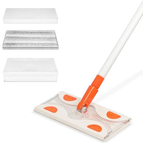 Trapeadores para limpieza de suelos, mango de 55 pulgadas con cabeza plana de 10 pulgadas con almohadillas de goma de esponja mágica, almohadilla de microfibra y 50 paños de barrido en seco (juego de
