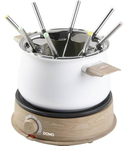 DOMO DO736F Fondue 1500 W Kontrollleuchte, 8 Fonduegabeln Holz, Weiß