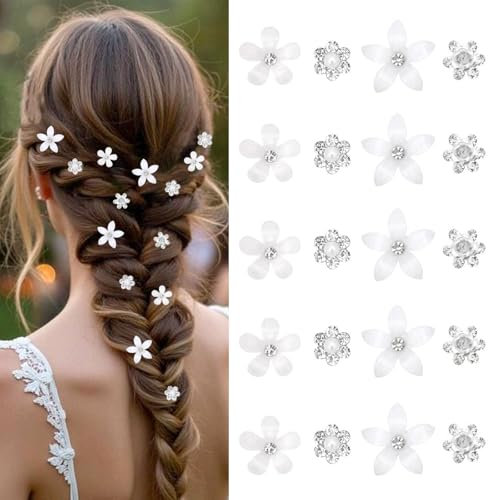 Mezrkuwr Lot de 20 petites pinces à cheveux blanches en forme de fleurs, mini épingles à cheveux en strass pour femmes, mariées, demoiselles d'honneur, accessoires pour cheveux pour filles et femmes