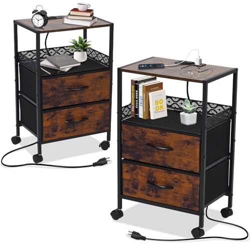 Yosamy Juego de 2 mesitas de noche con enchufe, ruedas, cajones de tela, enchufes AC, puertos USB, mesa auxiliar para salón, dormitorio, 40 x 28 x 60 cm, color retro