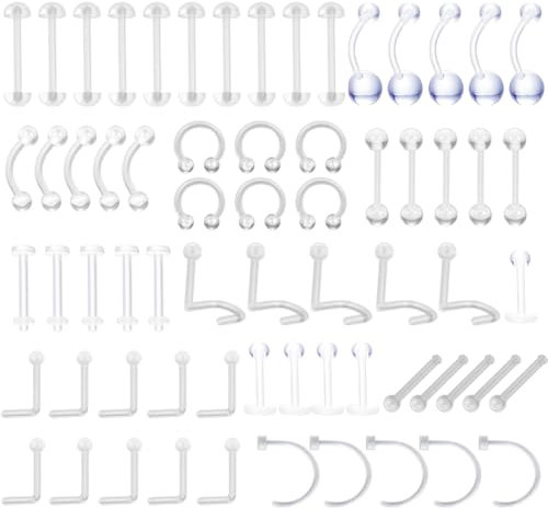 LuLiyLdJ flexible Ohrpiercing Halterung 65 Stück Acryl Lippenpiercing Augenbrauenpiercing Spiral Hoop Tragus Membran Hufeisenring Piercingschmuck Brustwarze Nippel Bauch Lippen Labret Septum