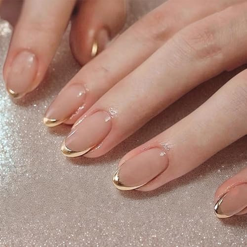 24 Pcs Short Almond False Nails,French Tip Press On Nails,Nude Gold Edge Press on Nails Short Almond,Glossy Fake Na/ils Medium for Nail Art,Full Cover Stick on Nail for Women French Nail Art