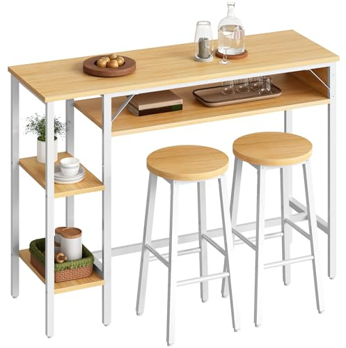 HOOBRO Bartisch mit Barhocker Set, Bartisch-Set für 2 Personen, Küchentisch mit 3 Ablagen und 2 runden Hockern, für Küche, Wohnzimmer, Esszimmer, Weiß und Natur EWN07BT01