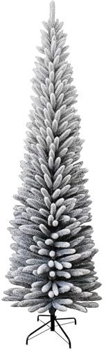 Trimming Shop 6ft/1.8m Snow Flocked Slim Artificial Pencil Christmas Tree | Frosted PVC Pine With 430 Pointed Tips And Metal Stand For Home, Office, Retail, Events And Indoor Winter Festive Decoration