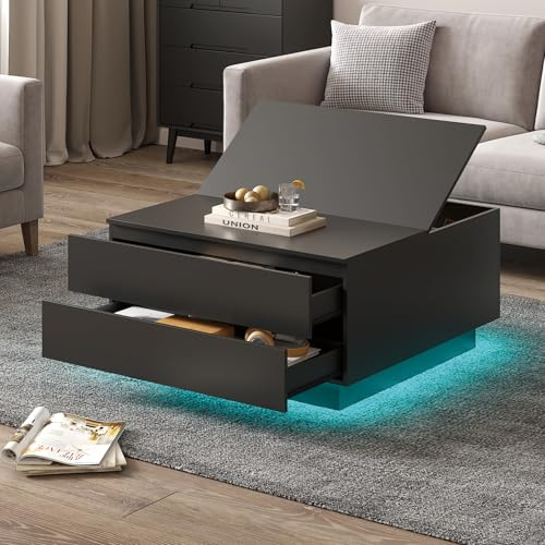 KEEPREAPER Square Coffee Tables with Storages, Modern Black Coffee Table for Living Room, Flip Cover Coffee Tables and 2 Spacious Drawers, Coffee Table with LED Light