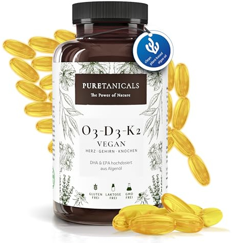 PURETANICALS Omega 3 VEGANO + Vitamina D3 + K2 MK7 All-Trans | 180 Capsule ad Alto Dosaggio Premium Essentials O3-D3-K2 – Olio di Alghe con acidi grassi essenziali EPA & DHA | Algae Oil Capsules