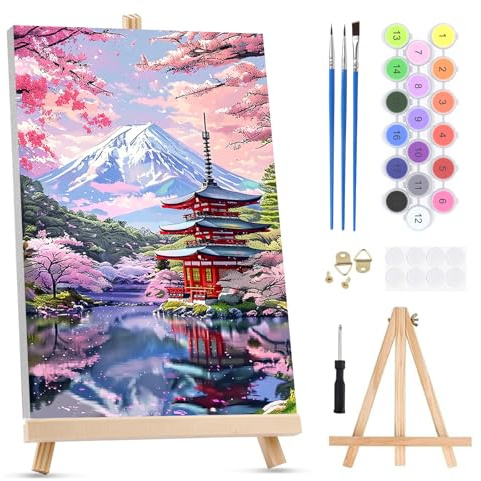 QENSPE Peinture par Numéros pour Adultes sur Toile Encadrée - avec Chevalet, Mont Fuji Paint by Numbers Kit, Temple Japonais Peinture à l'huile Acrylique pour Décoration Murale Maison (20x30 cm)