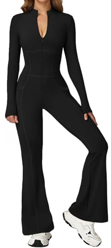Ecupper Damen Jumpsuit Langarm Flare Romper Zip up bodysuit | Langer Jumpsuit mit Stehkragen, Halbreißverschluss & Seitentaschen, Fließlinien-Design, Flare Romper mit ausgestellte Beine