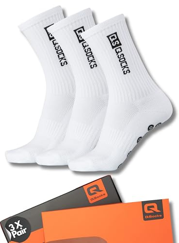 QOLONIA Fußball Grip Socken Anti Rutsch Sportsocken mit Silikonnoppen, gepolsterte Zonen & atmungsaktives Material - 39-46 Größe – 3 Paar/QSOCKS
