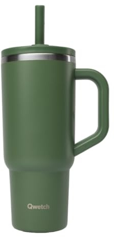 QWETCH Travel Cup Thermoskanne, 900 ml, wasserdicht, mit Klappstroh – Thermobecher aus recyceltem Edelstahl mit Henkel – hält 48 Stunden gekühlt / 12 Stunden kalt – Thermobecher – Trinkflasche