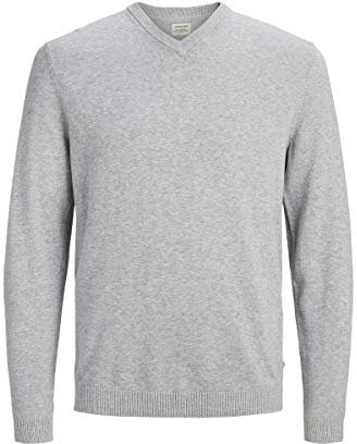 Jack & Jones Men's Jjebasic Knit V-Neck Noos Jumper, Grey (Light Grey Melange Light Grey Melange), Medium