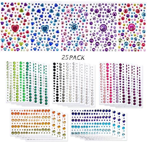 Lanpu Blatt 25 Selbstklebende Strass Jewels, Strass Aufkleber DIY Gem Strass Multi Farbe Edelstein Verzierungen Sortiert für Make-up, Festival, Basteln & Verzierungen Mehr als 2800pcs