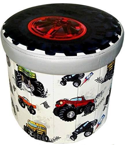 ABC Décor Faux Leather Round Storage Box with removable Padded lid/Toy Box/Pouffe Stool/Foot Stool, Monster Trucks