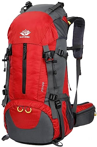 Esup Wanderrucksack, 50 l, Mehrzweck-Rucksack mit Regenschutz, 45 l + 5 l, für Reisen, Camping, Klettern, Skifahren, Outdoor-Sport, Red-50L