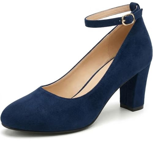 Womens Ladies Block Heel Ankle Strap Work Court Evening Dress Girls Shoes Pumps UK Size 3-12 (4 UK, Navy Suede)