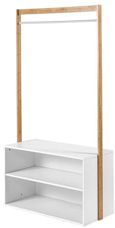 Calicosy CASÂME Penderie en Bois avec Rangements - Bambou - Portant pour Vêtements - Rangement Chaussures - 2 Cases - Blanc et Bois - Meuble d'Entrée - Chambre - 90 x 40 x H171 cm