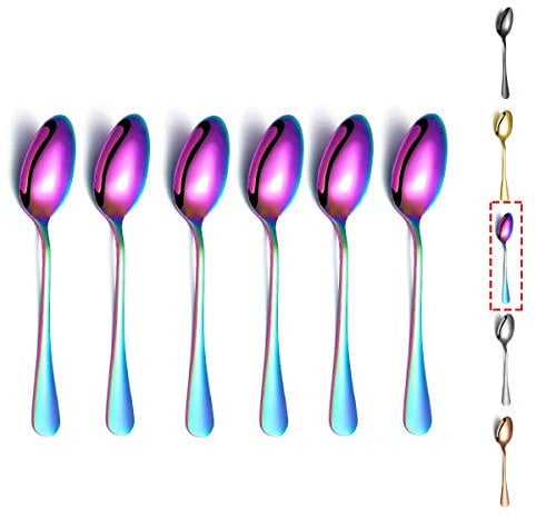 Rainbow Teaspoons, Kyraton 6 Pieces 14cm Stainless Steel Tea Spoons with Colorful Titanium Plating, Ice Cream Spoons, Dessert Spoons, Coffee Spoons, Golden Spoons Silverware Pack of 6