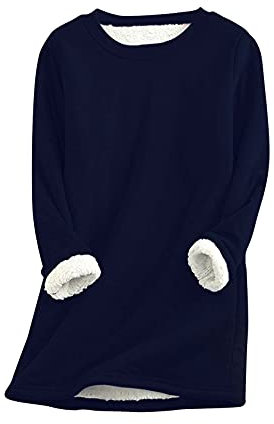 YMING Donne Maglia A Maniche Lunghe in Tinta Unita Maglia Felpa Teddy Pullover Blu Navy XXL