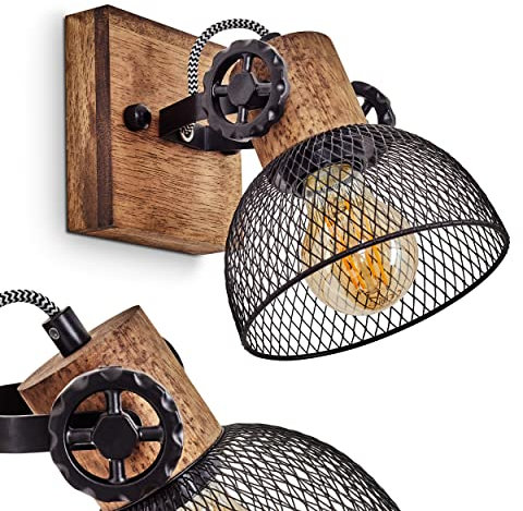 Wandleuchte Orny, Wandlampe im Vintage-Design aus Holz/Metall in Braun/Schwarz m. Schirm in Gitter-Optik, Leuchte m. Holzbalken, Textilkabeln u. verstellbarem Strahler, 1 x E27, ohne Leuchtmittel