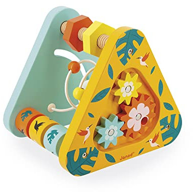 Janod - Multi-Aktivitätsdreieck Tropik - Entwicklungsspielzeug aus Holz - Lernspielzeug Motorik und Handhabung - FSC-zertifiziert - Wasserfarbe - Ab 1 Jahr, J08268