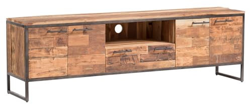 Woodkings® TV-Kommode Bristol 180cm, massives Altholz mit Metallgestell TV-Bank Unterschrank mit Schubkästen und Türen rustikal Lowboard TV-Strecke TV-Möbel