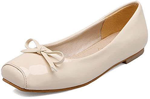 Bviennic Damen Square Toe Ballet Flats Ohne Verschluss Bows Dolly Schuhe Ballerina Prom Lack Loafer Slipper Leisure Walking Mokassins Beige Gr 42 Eu-44Cn
