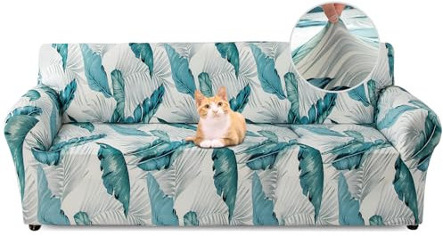 Jaotto Sofabezug 3 Sitzer Elastischer Stretch Spandex Sofa Überwürfe Sofahusse Antirutsch Waschbar Sofaschoner Couchbezug für Sofa mit Armlehne,Weiße Blätter