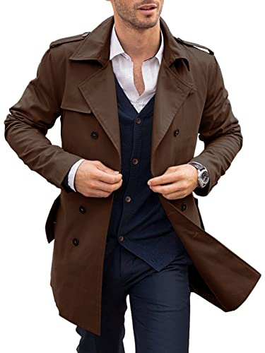 PASLTER Mens Trench Coat Notched Lapel Double Breasted Long Jacket Windbreaker Overcoat Pea Coat