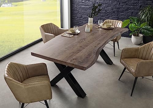 MASSIVMOEBEL24.DE | Freeform 5 Baumkantentisch aus Massivholz - Grau | 200x100 cm | Metallbeine X-Form anthrazit glänzend | aus Akazienholz | Esstisch echte Baumkante