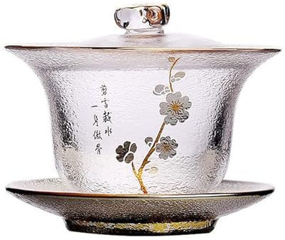 Sopera de té de Vidrio Resistente al Calor, Juego de Tazas de té kungfú Chino, Gran Contorno en Tetera Dorada, tazón de té con Flores Doradas Gaiwan