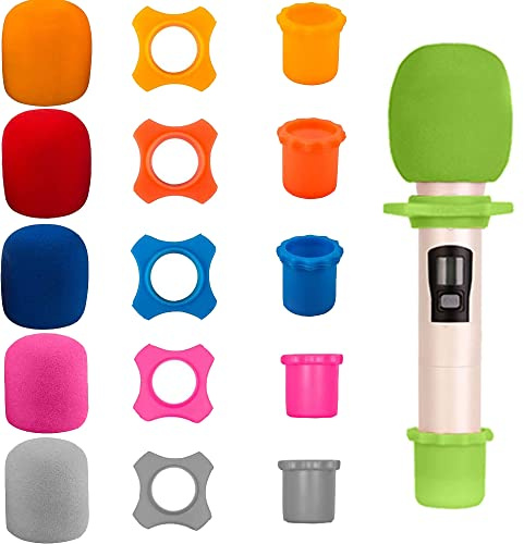 Qtopun 6 Set di 6 protezioni per microfono, in schiuma, anti-rotazione, anti-rotolamento, senza fili, 6 anelli di protezione in silicone, 6 supporti per asta inferiore, per dispositivi KTV, confezione