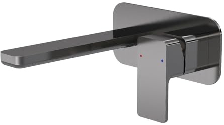 nuie WIN728 Windon Modern Bathroom Square Wall Mount 2 Tap Hole Basin Mixer Tap with Lever Handle and Back Plate, 199mm, Brushed Pewter