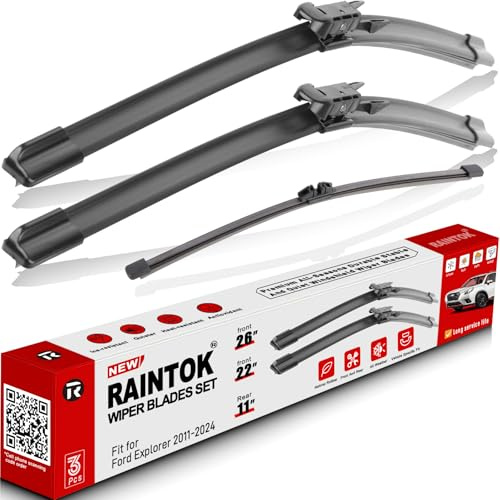 RAINTOK Windshield Wiper Blades Replacement for 2011-2024 Ford Explorer Original Factory Quality Front Rear Wipers Blade Set for My Car - 26 22 11 (Pack of 3)