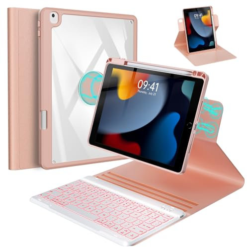 Étui avec clavier rétroéclairé, rotatif à 360°, amovible avec porte-crayon pour iPad 9e/8e/7e génération 10,2 2021/2020/2019, iPad Pro 10,5, iPad Air 3e génération (rose)