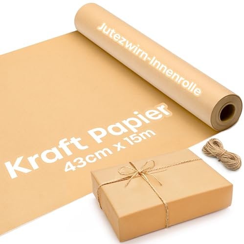 Kraftpapier Rolle - 15 m x 43 cm Geschenkpapier Rolle mit 2 Jute Schnüre - Braunes Packpapier, Ideal als Geschenkpapier Rolle & Weihnachtspapier Geschenkpapier