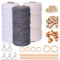 Makramee Garn 3mm x 60m 3er Makramee Set für Makramee Wandbehang Traumfänger Blumenampel Vorhang Schnurkette Bastelset DIY Handwerk, Mit 5 Schlüsselanhänger 60 Holzperlen 6 Holzringe 2 Rundstab