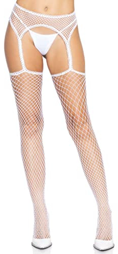 Leg Avenue Women's Industrial Net Stockings with Scalloped Trimmed Attached Garter Belt Costume Hosiery, White, One Size