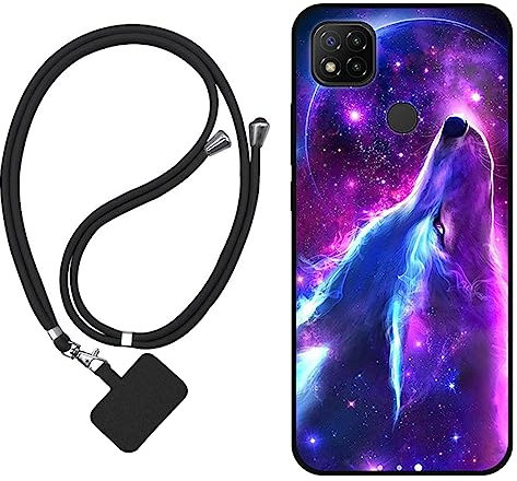 Sunrive Hülle Kompatibel mit Xiaomi Redmi 9C Case,matt Handyhülle Schutzhülle Etui Karikatur Muster TPU Backcover (Wolf,Mond,Sterne) +1x Universale Handykette