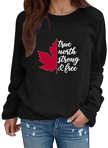 Damen-Kapuzenpullover mit Ahornblatt-Aufdruck, englisches Alphabet, runder Halsausschnitt, lange Ärmel, lässig Turnanzug Mädchen Langarm Damen Sweatshirt Basic Rundhalsausschnitt Damen (Black, XXL)