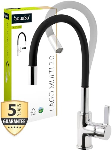 AquaSu® 795913 Lago Multi 2.0 Robinet de cuisine avec buse mélangeur à économie d'eau, position eau froide, robinet d'évier en chrome/noir, bec malléable et orientable, fixation par le haut