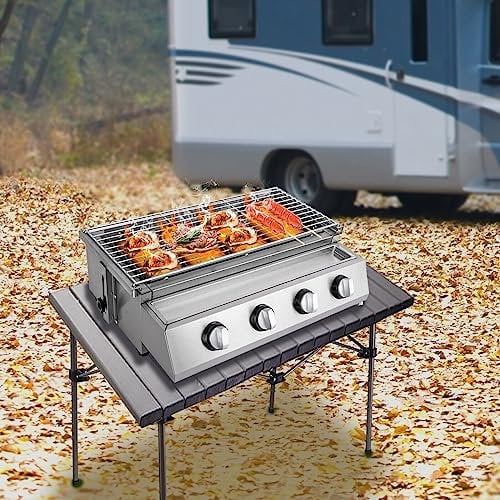 LOYEMAADE Barbecue a gas, in acciaio inox, bruciatore a 4 fuochi, GPL, barbecue da tavolo, barbecue da tavolo, barbecue, per esterni, barbecue da tavolo