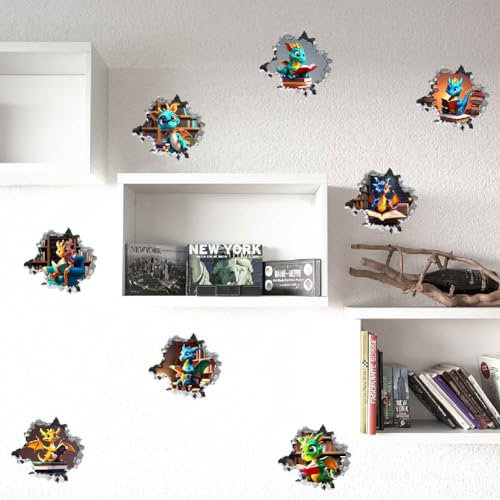 SUPERDANT Drache Lesebuch Wandaufkleber 3D Drache Im Loch Aufkleber Lustige Tieraufkleber Für Kinder Vinyl Aufkleber Zum Abziehen Und Aufkleben Für Kinderzimmer Kinderzimmer