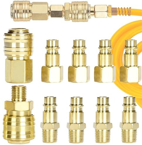 Mikqky 10 Pezzi Attacco Aria e Kit Connettore, Connettori Linea Aria, Raccordi Aria Compressa, 1/4Bsp Raccordi Aria Compressa, Attacchi 1/4 Bsp Connettori Per Tubo Compressori Maschio Femmina(Oro)